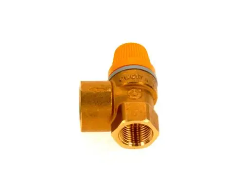 Sicherheitsventil mit orangefarbener Kappe und metallischem Gewinde. Gehäuse aus Messing, in einem neutralen Bildhintergrund. Produkt von Bosch.